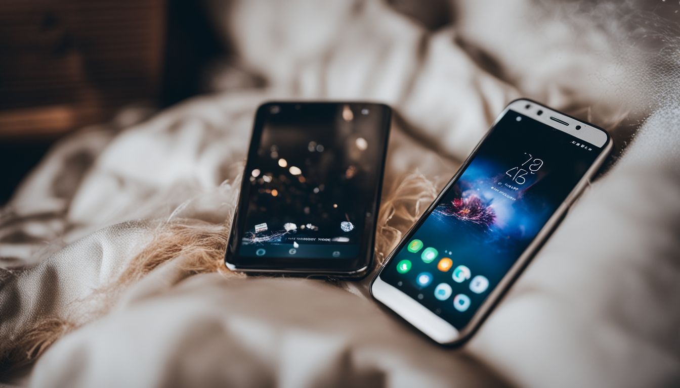 A cracked smartphone surrounded by sleep-themed objects in a well-lit photo.
