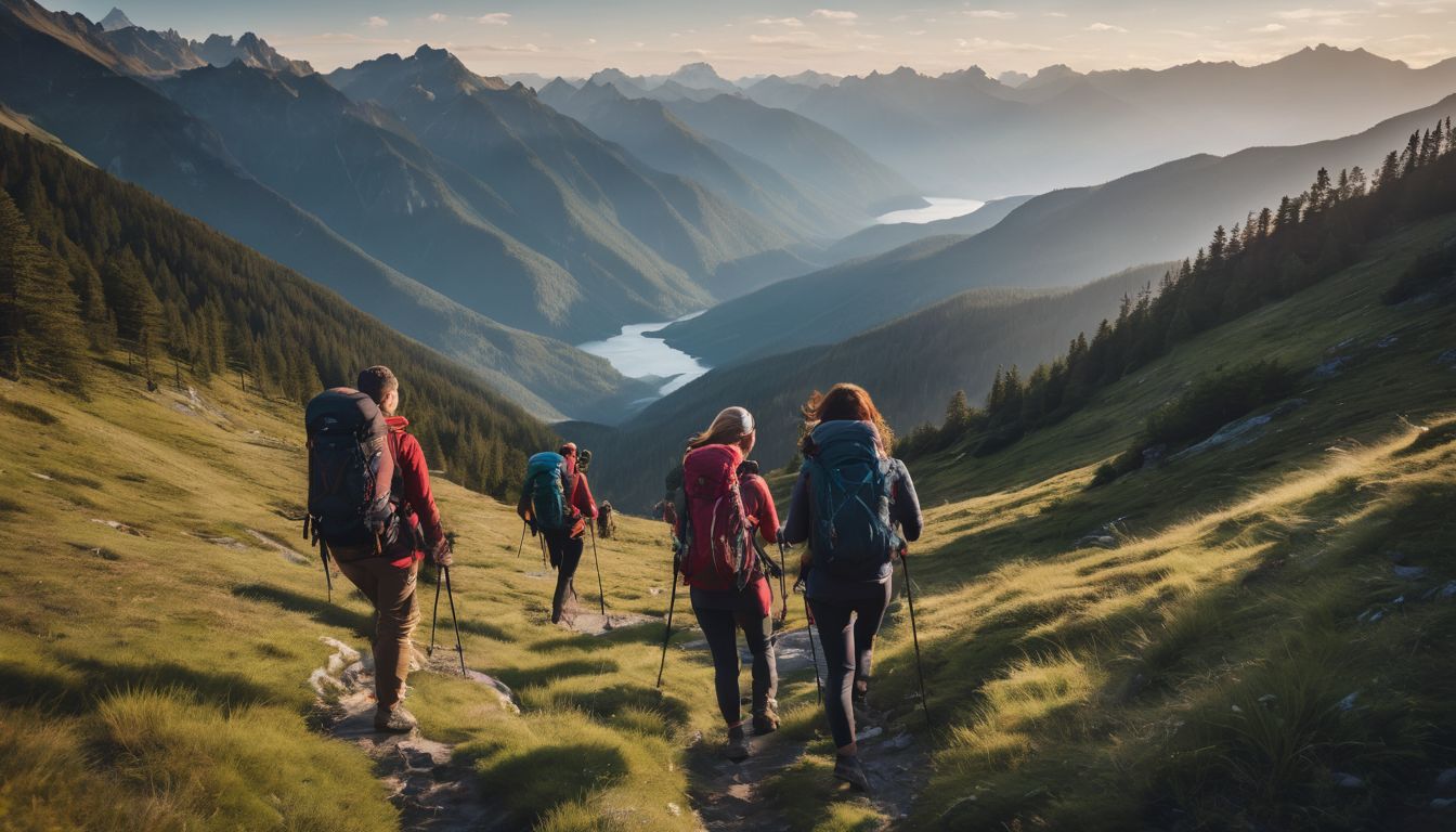 A diverse group of people hiking in a scenic mountain landscape.