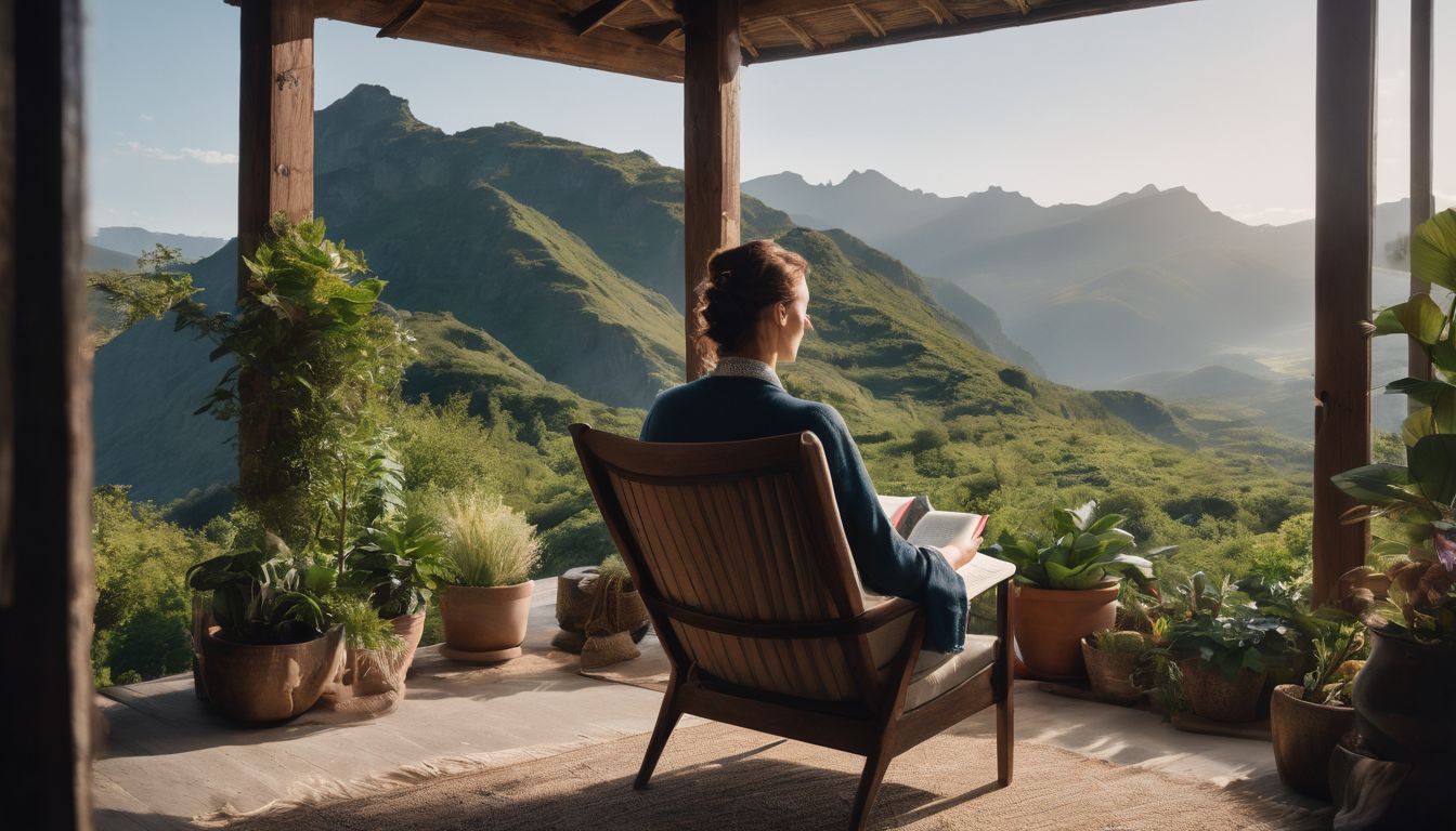 A person reading a book in a cozy chair surrounded by nature.