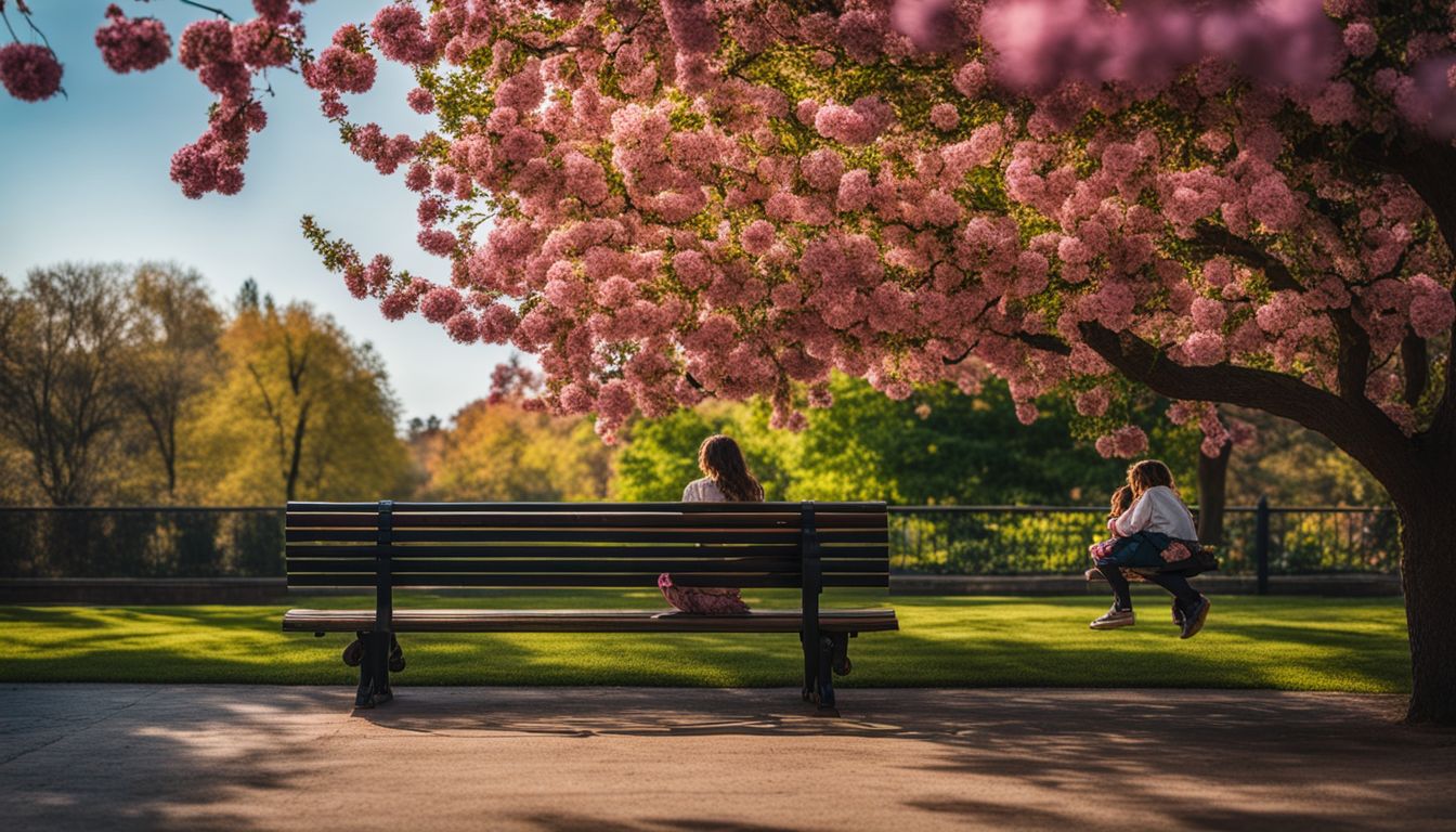 An inviting park bench surrounded by flowers with diverse people.