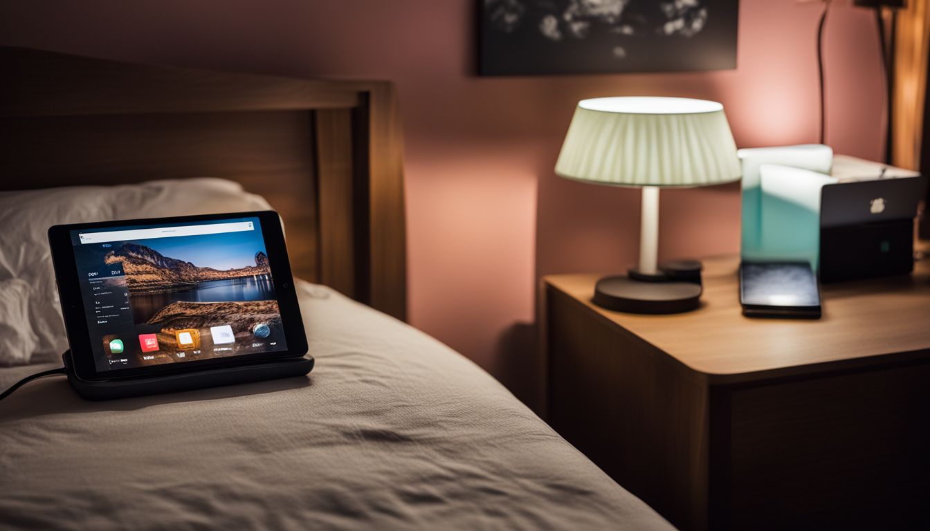 A bedside table with electronic devices surrounded by a dimly lit bedroom.