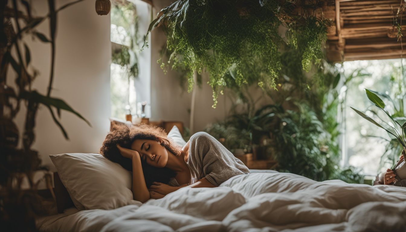 A peaceful woman sleeping surrounded by plants in a cozy bedroom.
