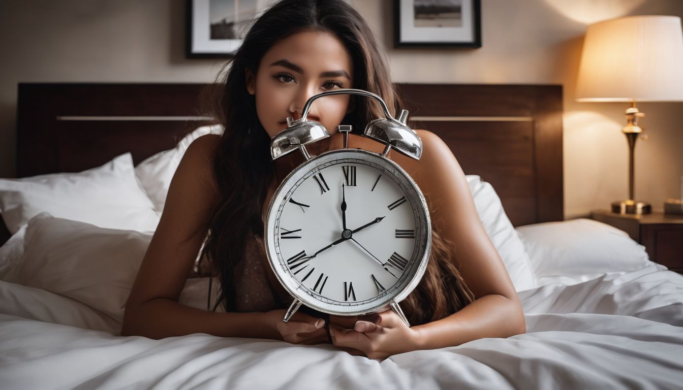A photo of a person struggling to sleep with a clock showing late hours.
