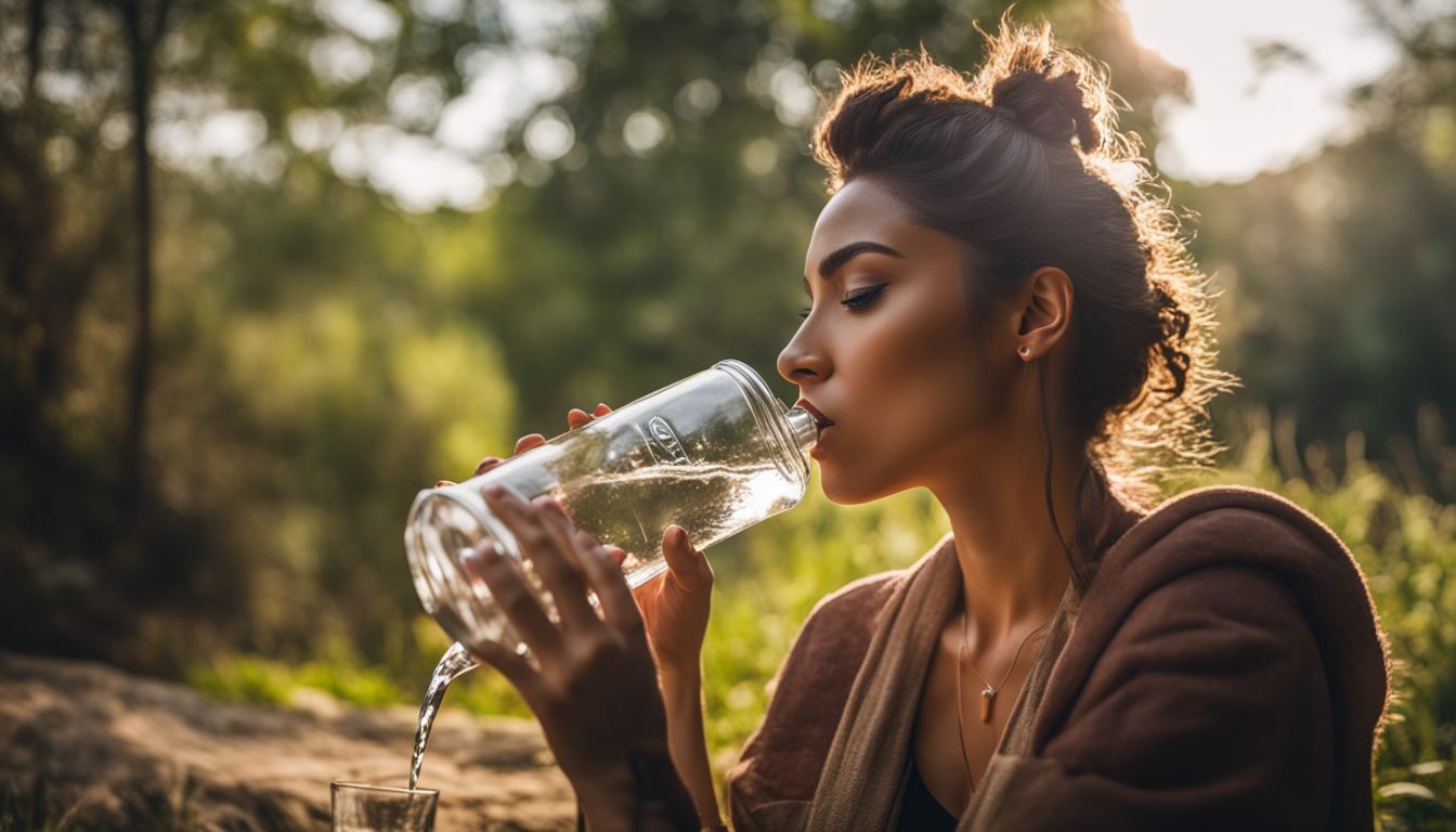 Person drinking water from glass bottle in natural outdoor setting.