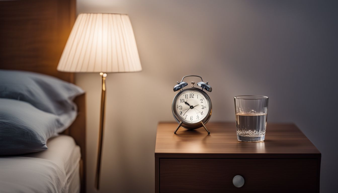 A well-lit bedside table with water, clock, and various personal items.