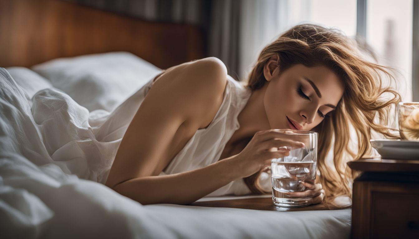 A photo of a woman reaching for a glass of water in bed.