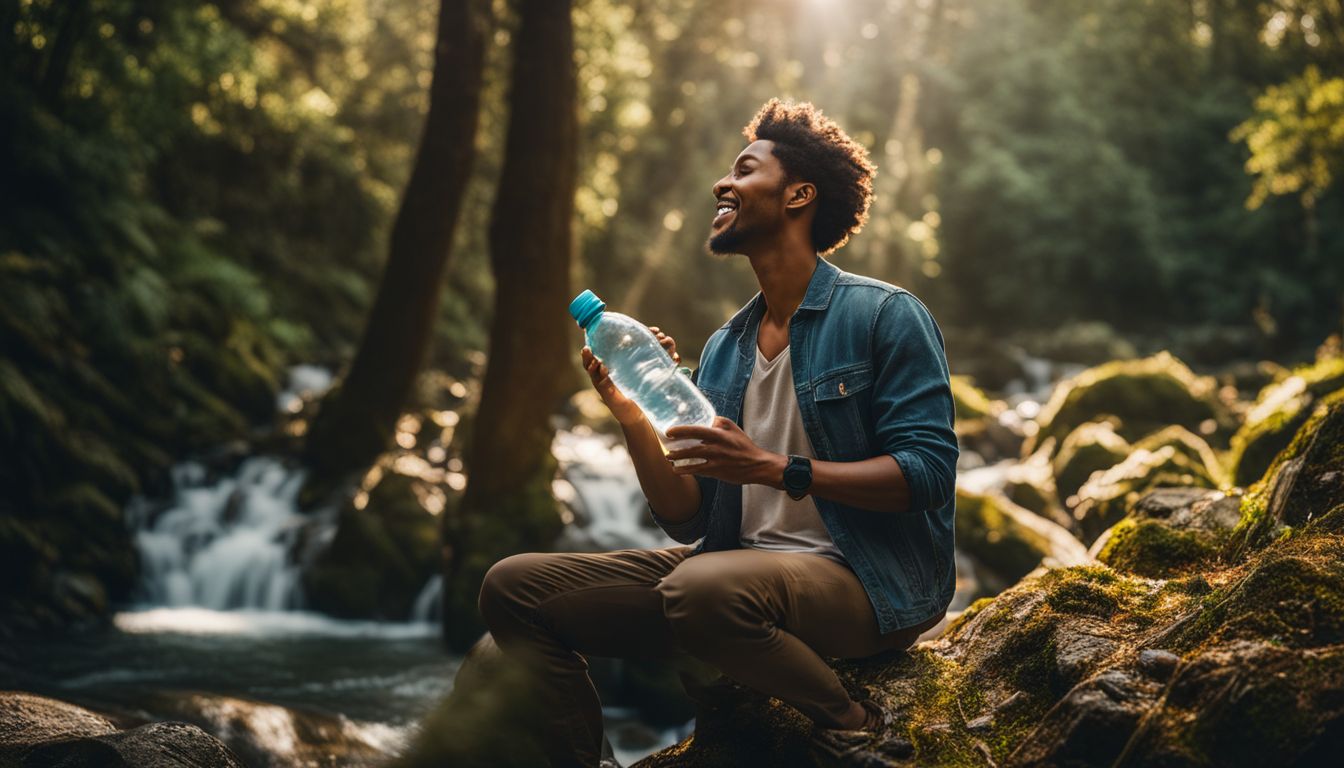 A person holding a reusable water bottle surrounded by nature.