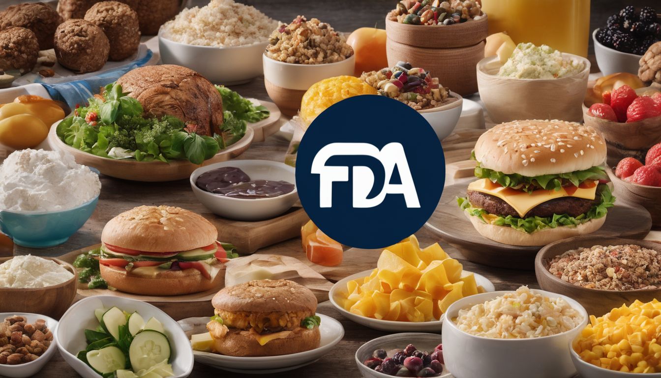 FDA logo superimposed over diverse food products and people in cityscape.