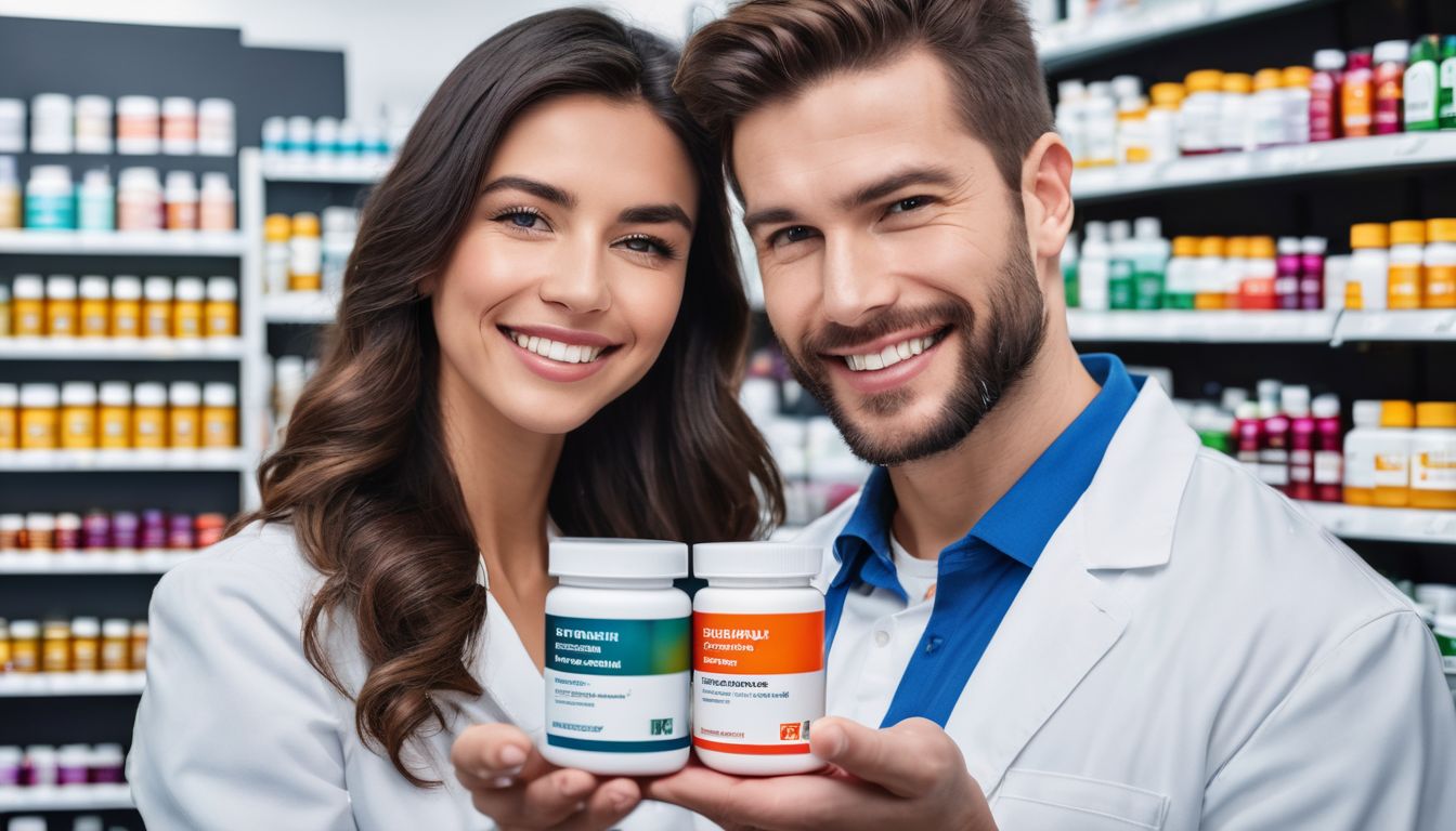 A person holding dietary supplement in a clean and organized pharmacy.