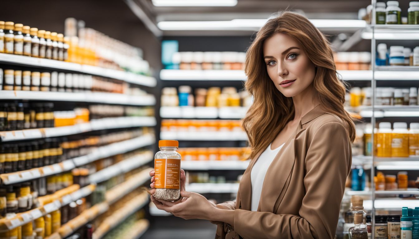 A woman holding a bottle of dietary supplements in a supplement store.