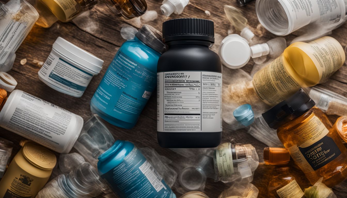 Photo of contaminated supplement bottle surrounded by warning signs, featuring diverse individuals.