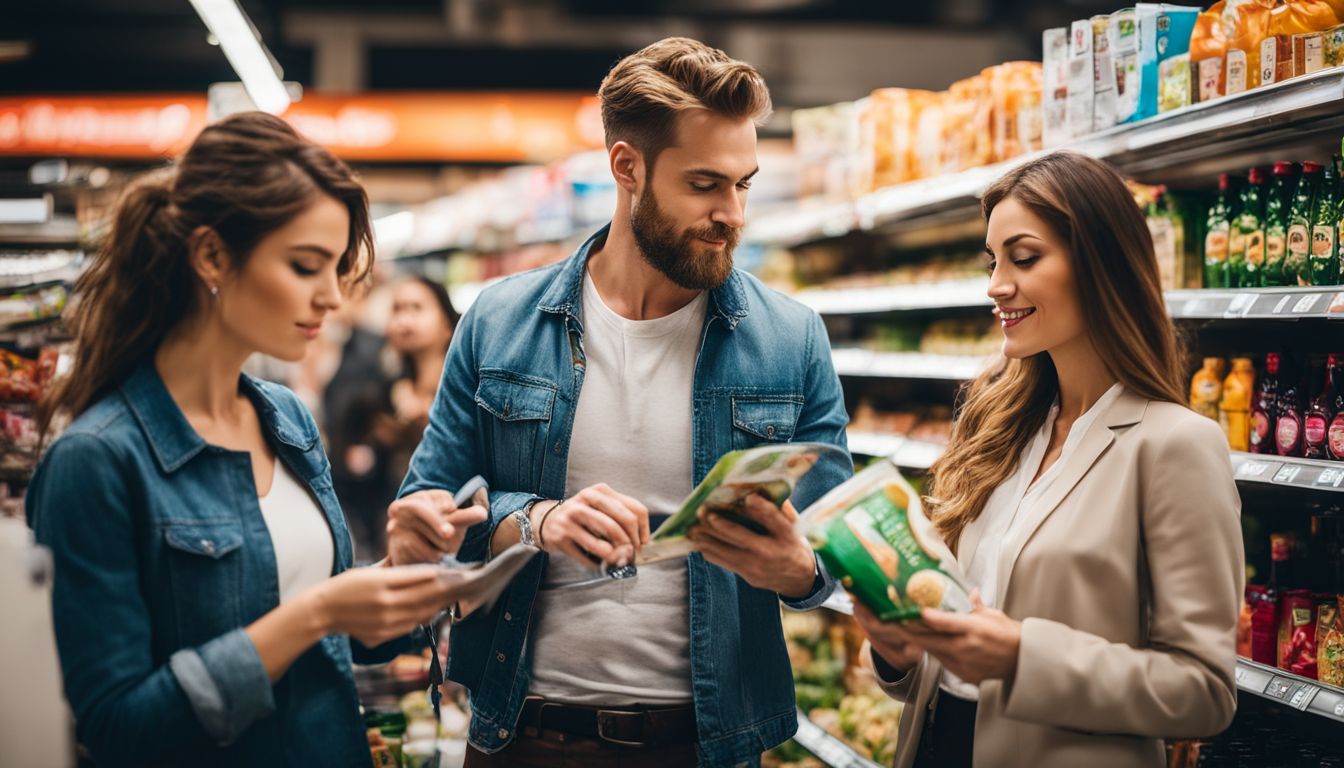 A diverse group of people reading product labels in a supermarket.