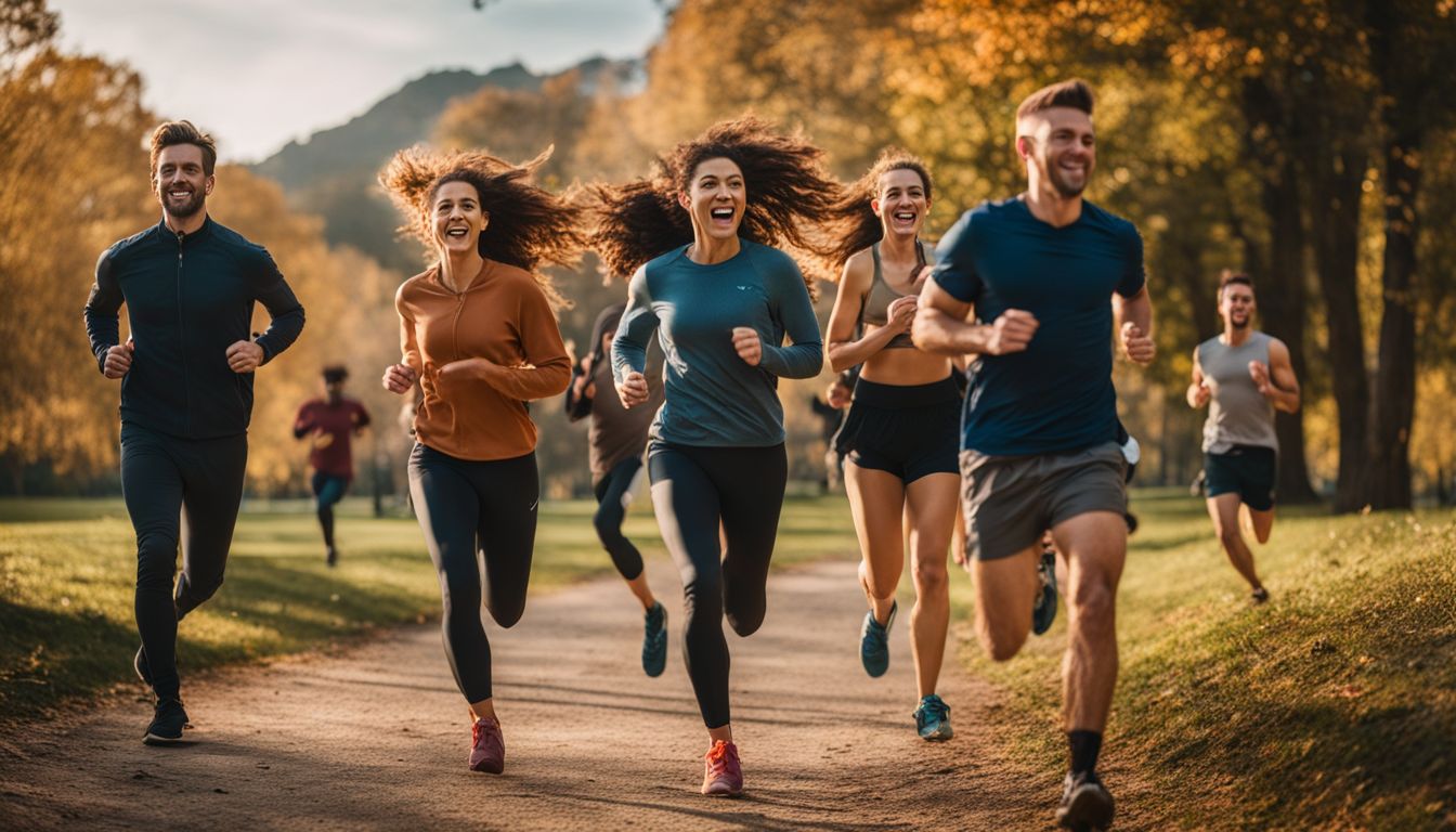 Diverse group running in a picturesque park captured in high quality.