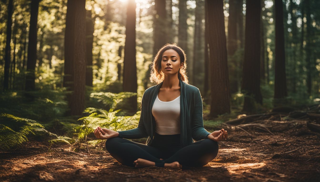A woman meditates in a peaceful forest surrounded by nature.