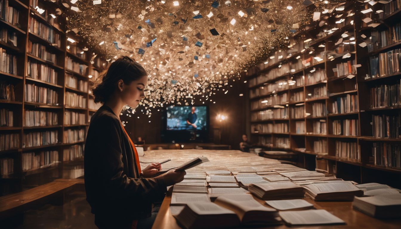 A person reading a book surrounded by floating letters in the air.