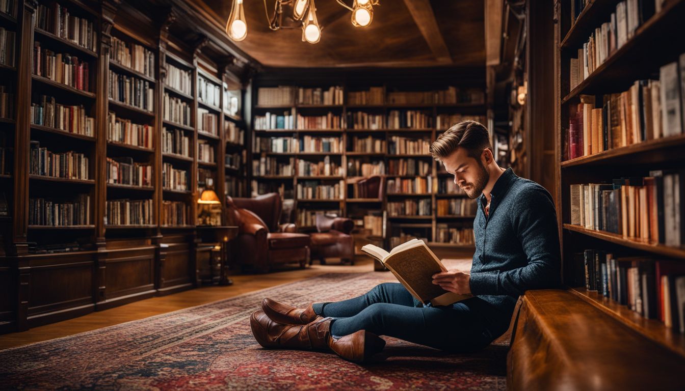 A person reads in a cozy library surrounded by books.