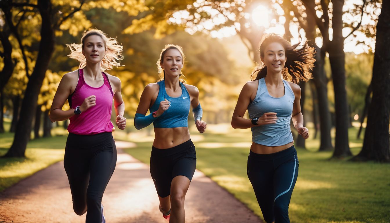 A diverse group of people jogging together in a scenic park.