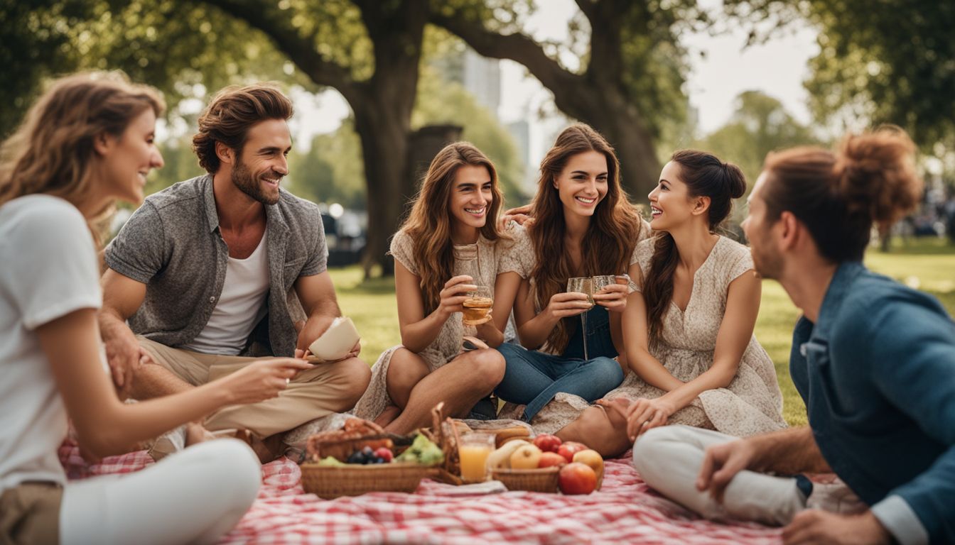 People of various ages and backgrounds enjoying a picnic in a park.