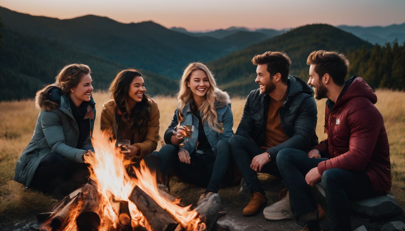 A diverse group of friends gather around a bonfire, enjoying each other's company.