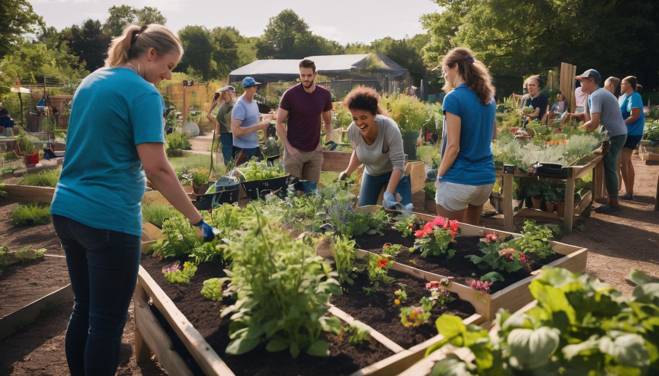 Diverse volunteers working together in a community garden.