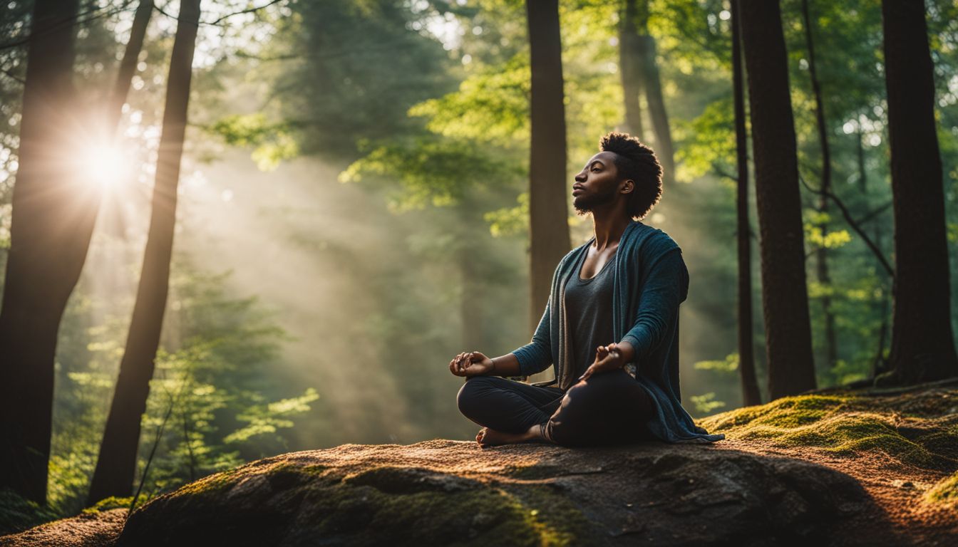 A person meditating in a serene forest surrounded by nature.
