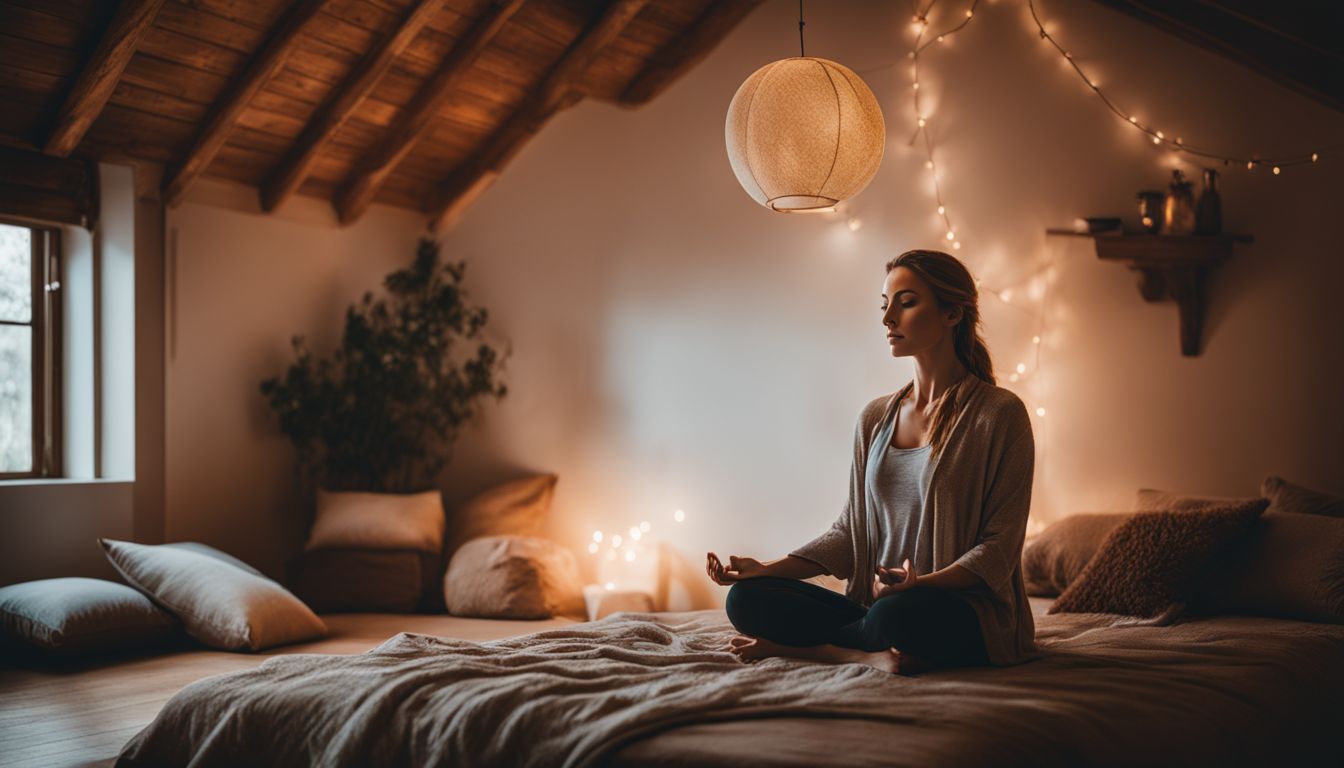 A person meditating peacefully in a cozy, well-decorated bedroom.