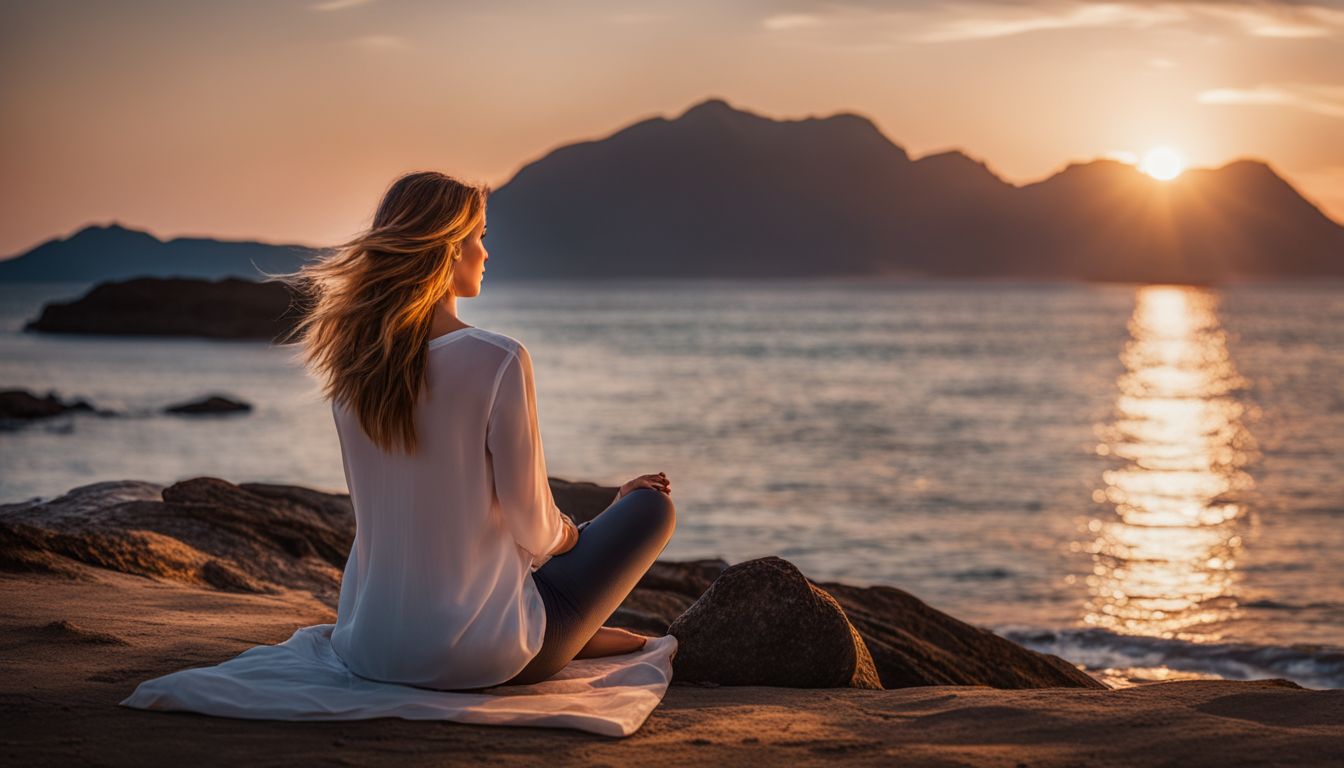 A diverse group meditating by a serene ocean at sunset.