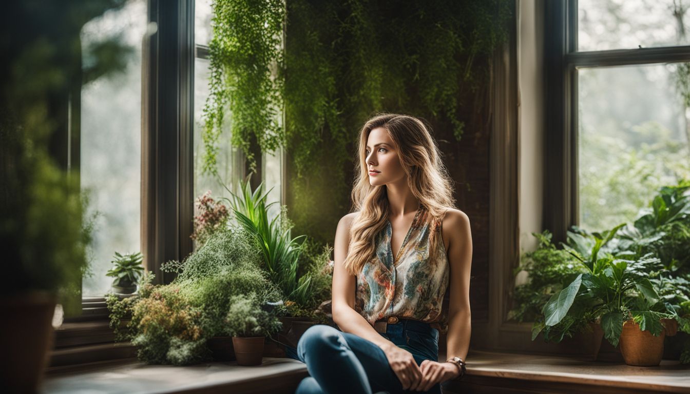 A woman sitting surrounded by plants in a cozy window seat.