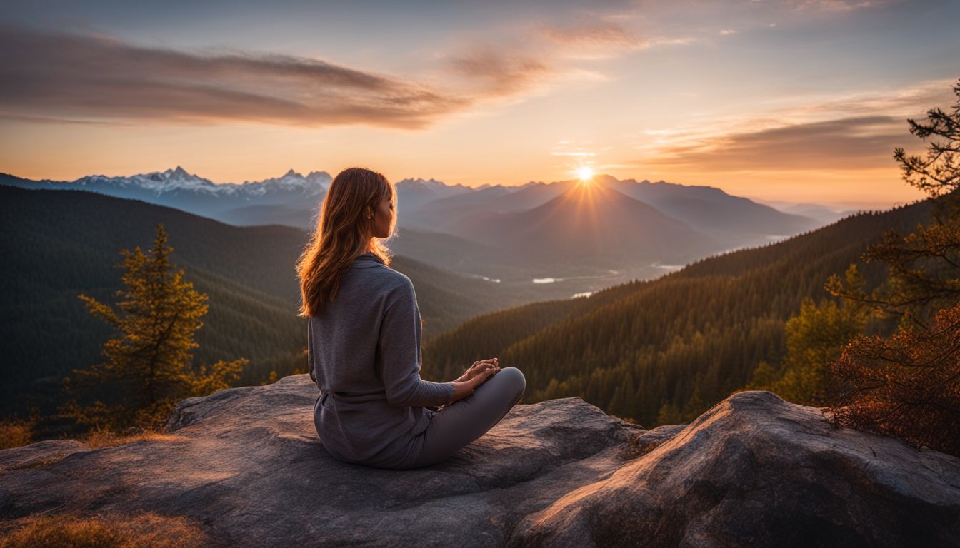A Caucasian person meditating with a mountain background, showcasing diversity.