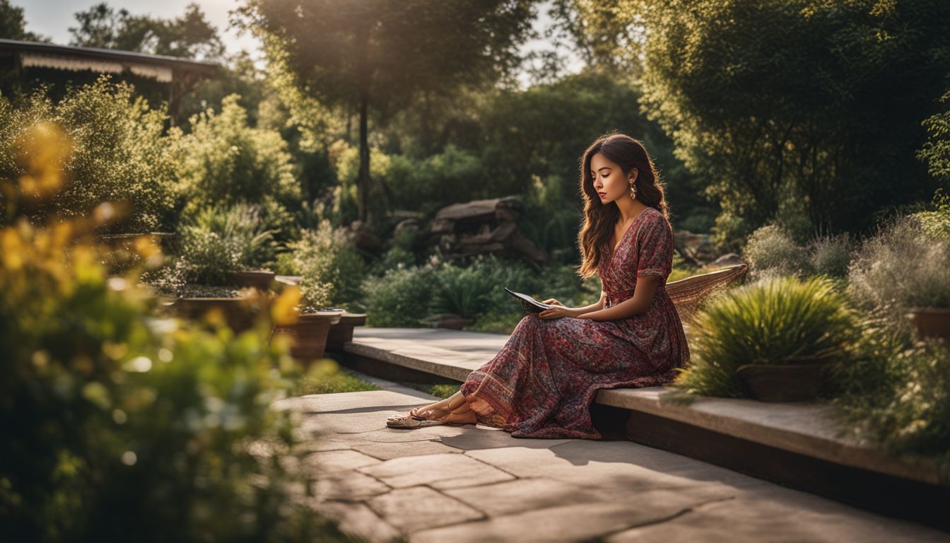 A person sitting in a peaceful garden surrounded by nature.