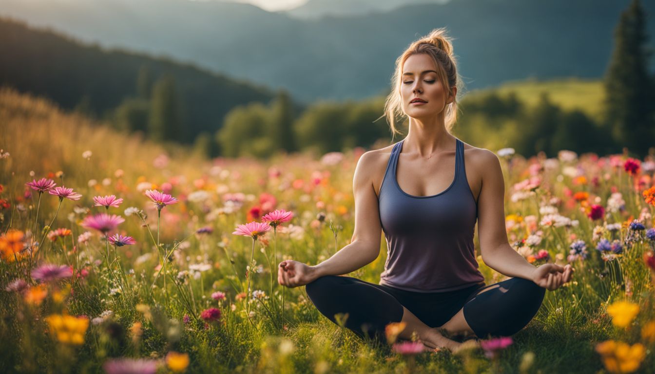 A woman practicing yoga in a beautiful meadow surrounded by flowers.
