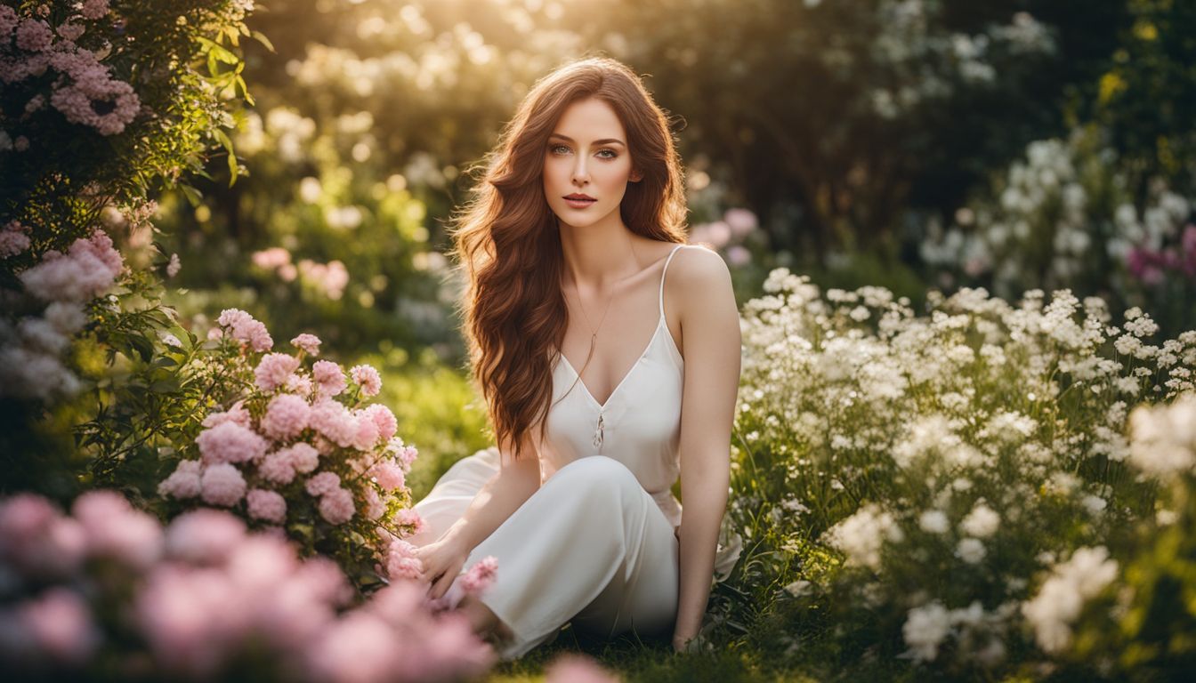 A peaceful woman in a garden surrounded by blooming flowers.