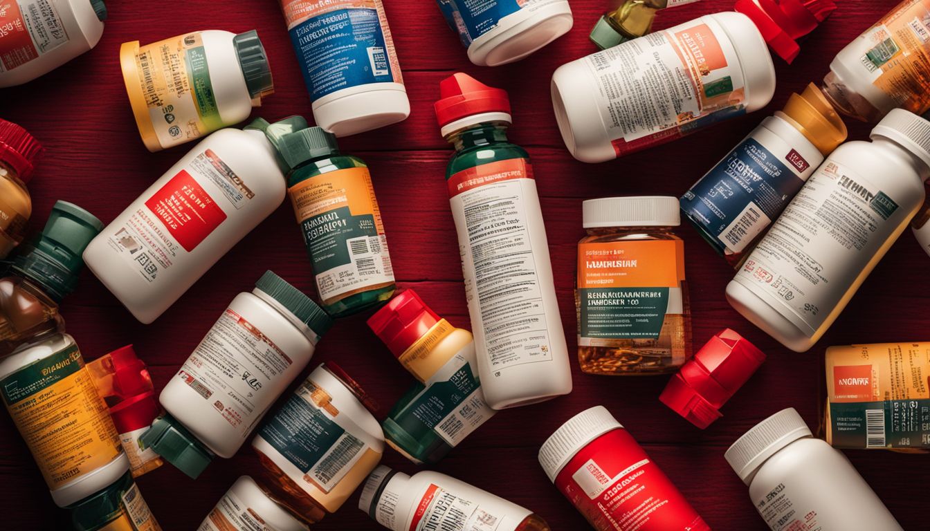 A collection of multivitamin bottles with warning signs and red flags.