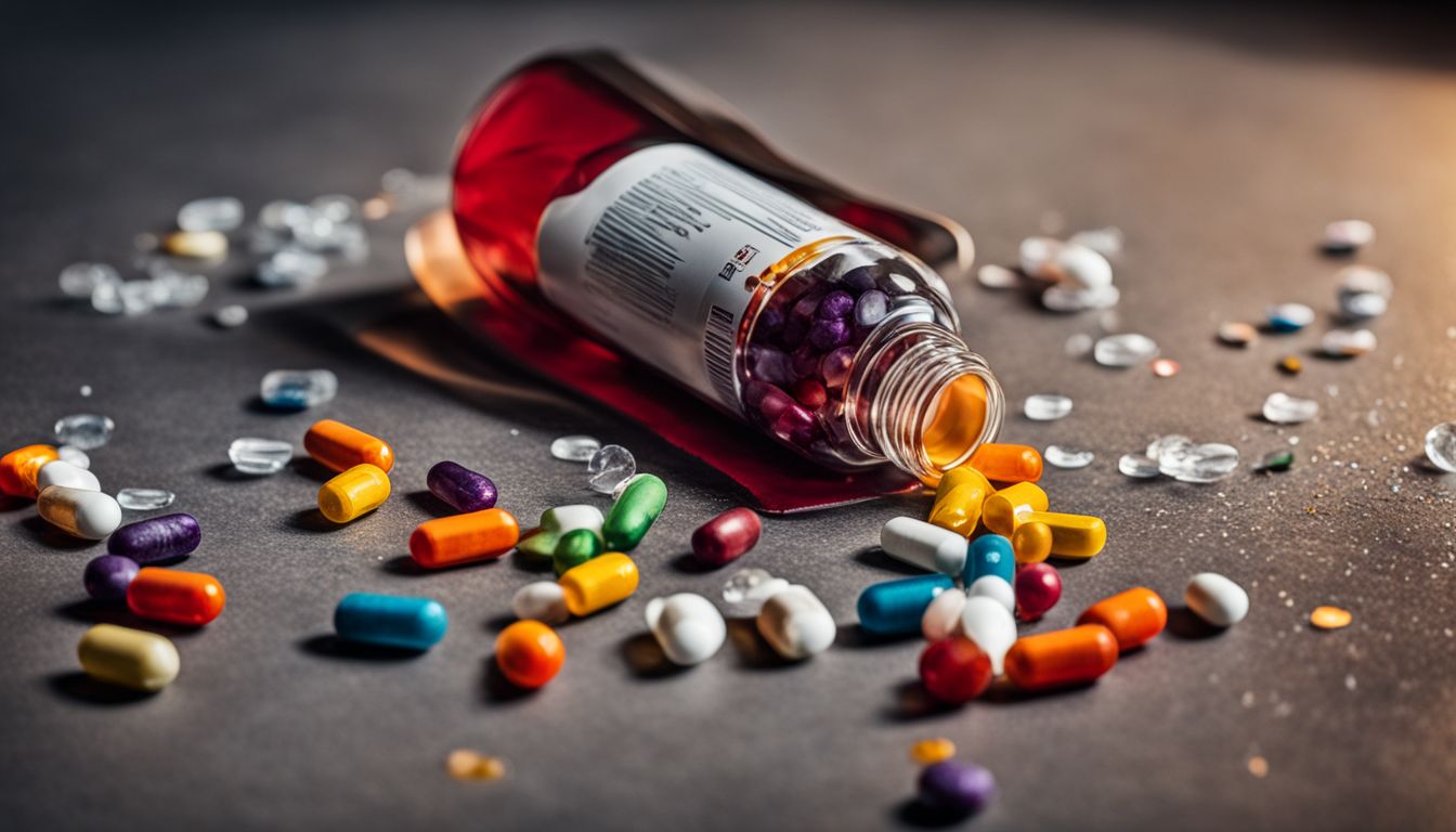 A broken multivitamin bottle with scattered pills in a well-lit room.