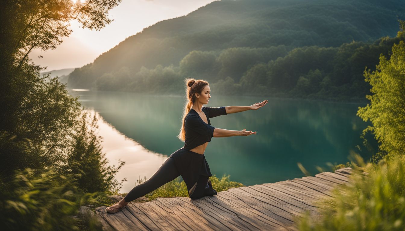 A Caucasian woman practices tai chi in nature by a serene lake.