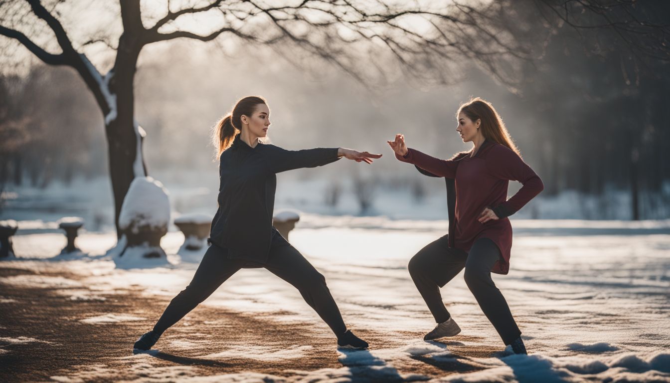 A Caucasian woman practices Tai Chi in a snowy park.