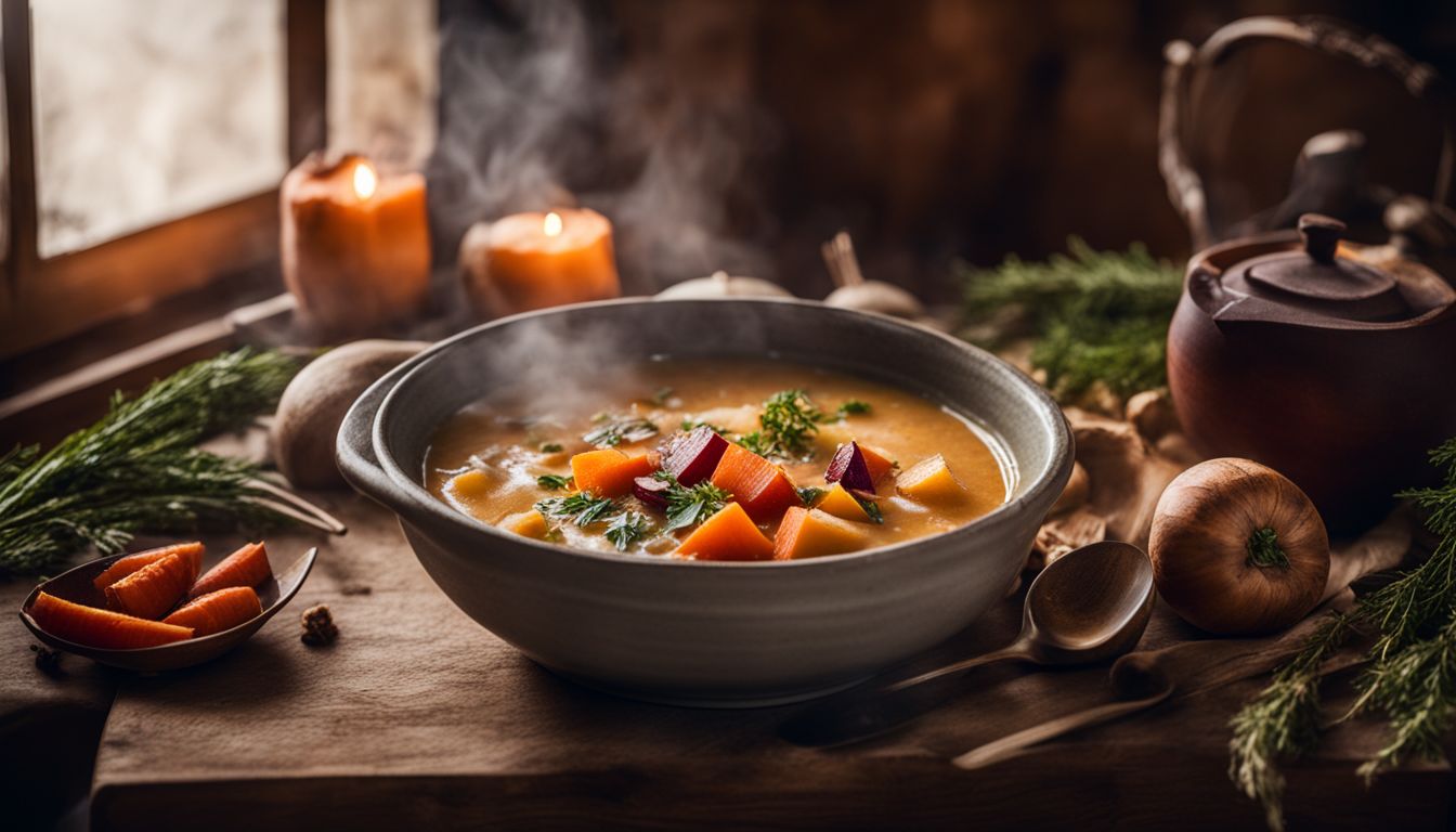 A photo of a steaming bowl of soup surrounded by kitchen utensils.