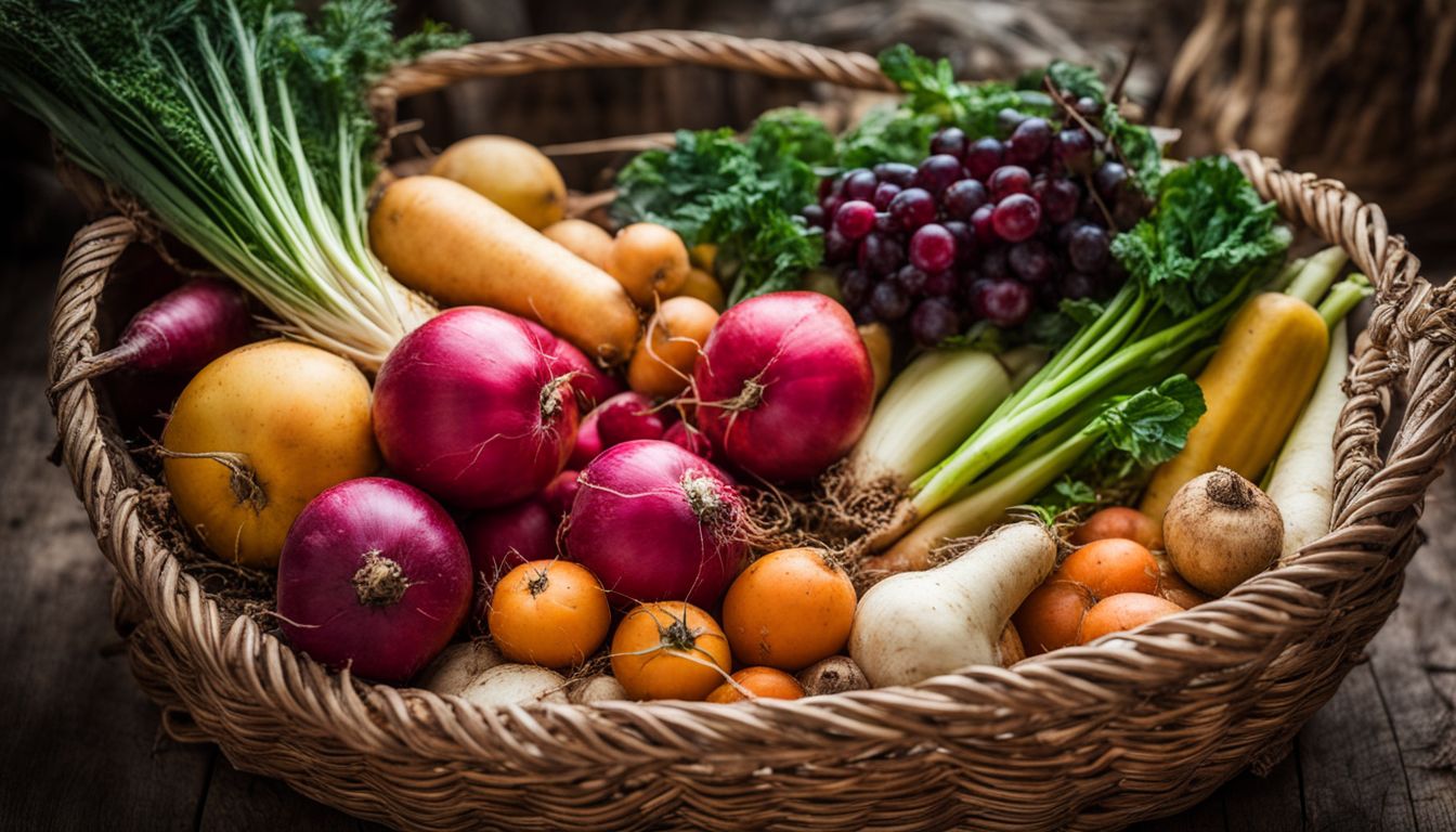 A diverse selection of colorful fruits and vegetables in a rustic basket.