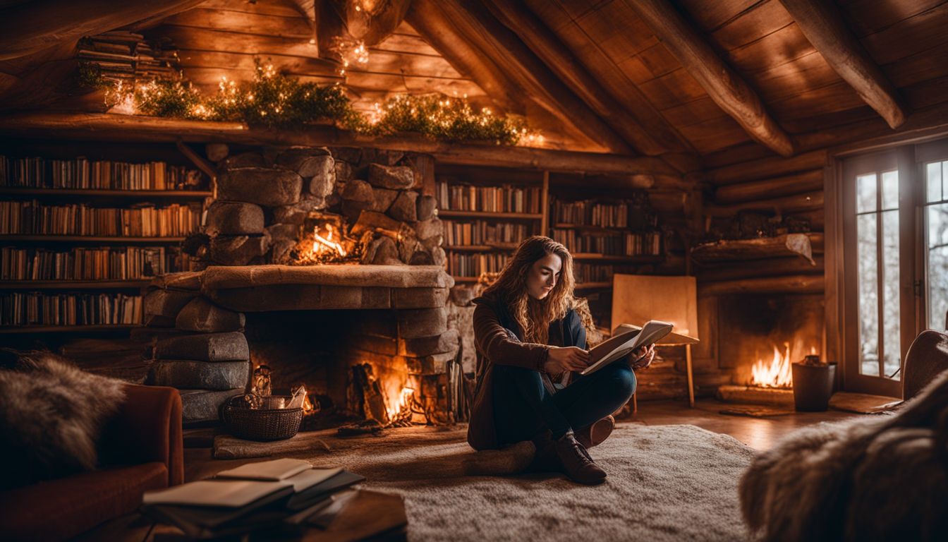 A person in a cozy cabin surrounded by books and fireplace.