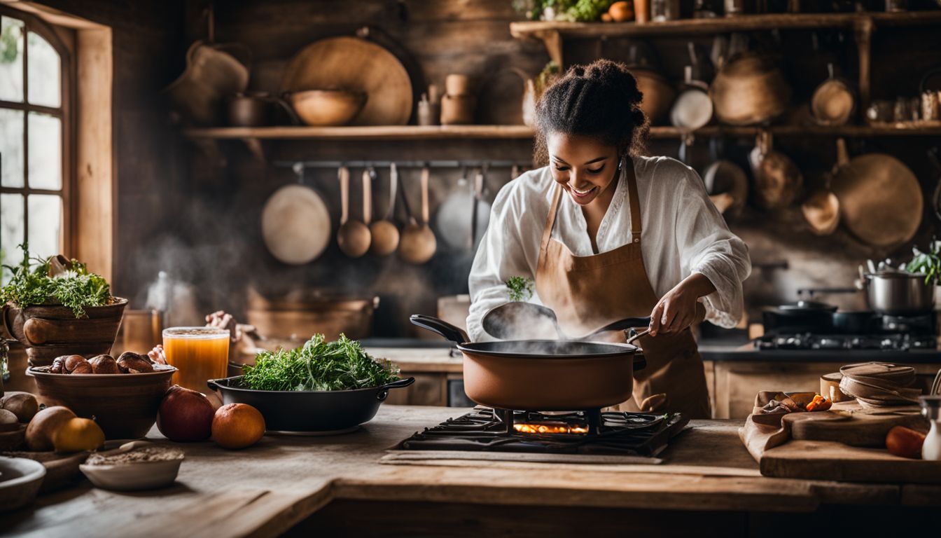 A rustic kitchen scene with a simmering pot of nourishing food.