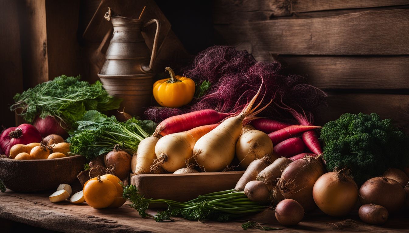 A vibrant display of various root vegetables and fruits on a table.