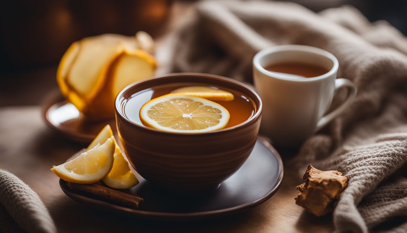 A still life photo of ginger tea with a cozy atmosphere.