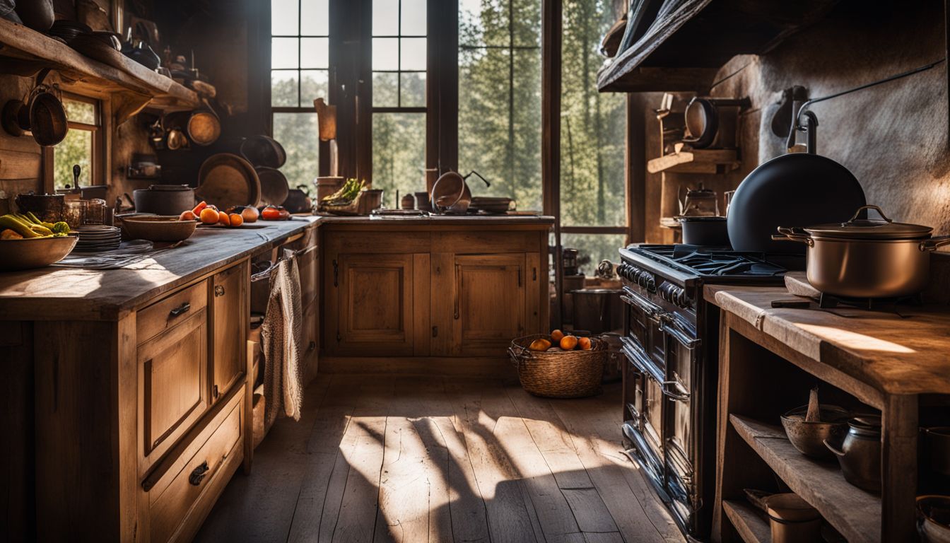 A rustic kitchen scene with a simmering pot captures slow cooking.
