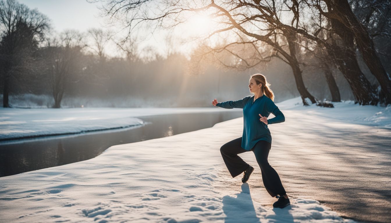 A Caucasian woman practicing Tai Chi in a snowy park.