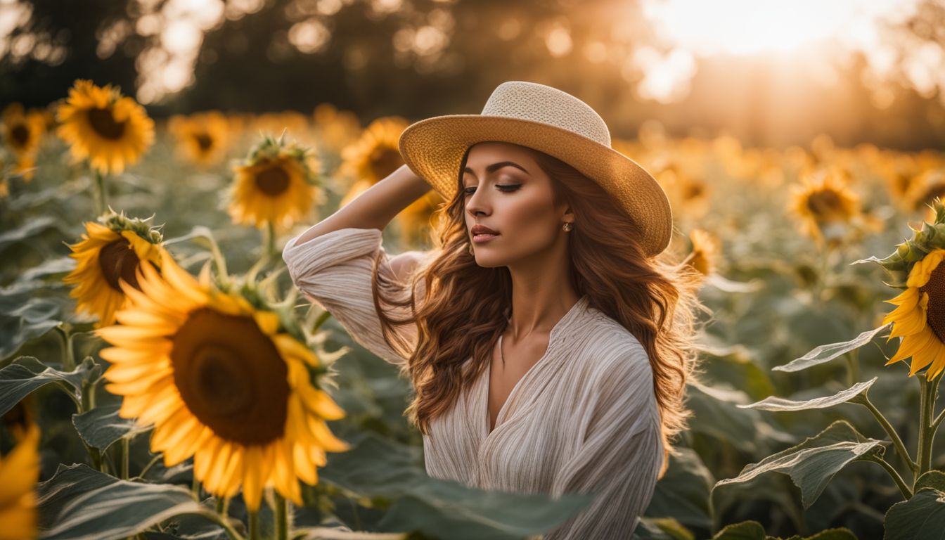 A vibrant sunflower surrounded by diverse people and beautiful nature.