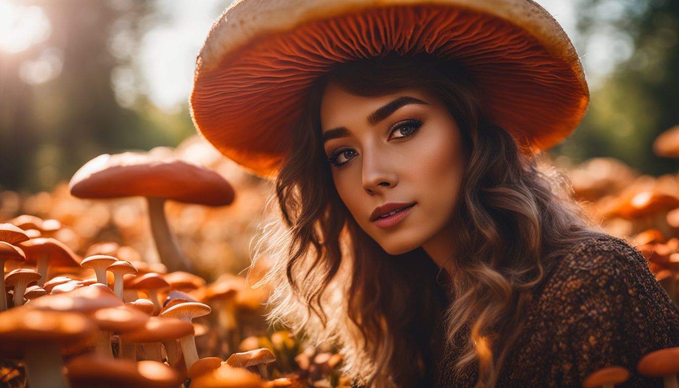 A person surrounded by vibrant mushrooms in a sunlit field.