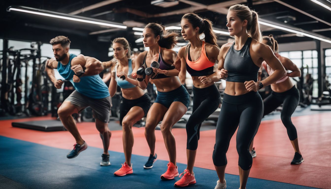 Group of diverse athletes working out together in well-lit gym.