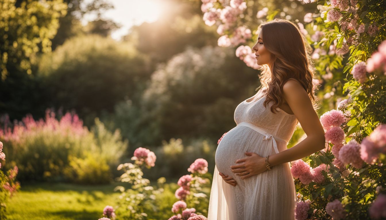 A pregnant woman in a garden surrounded by flowers.