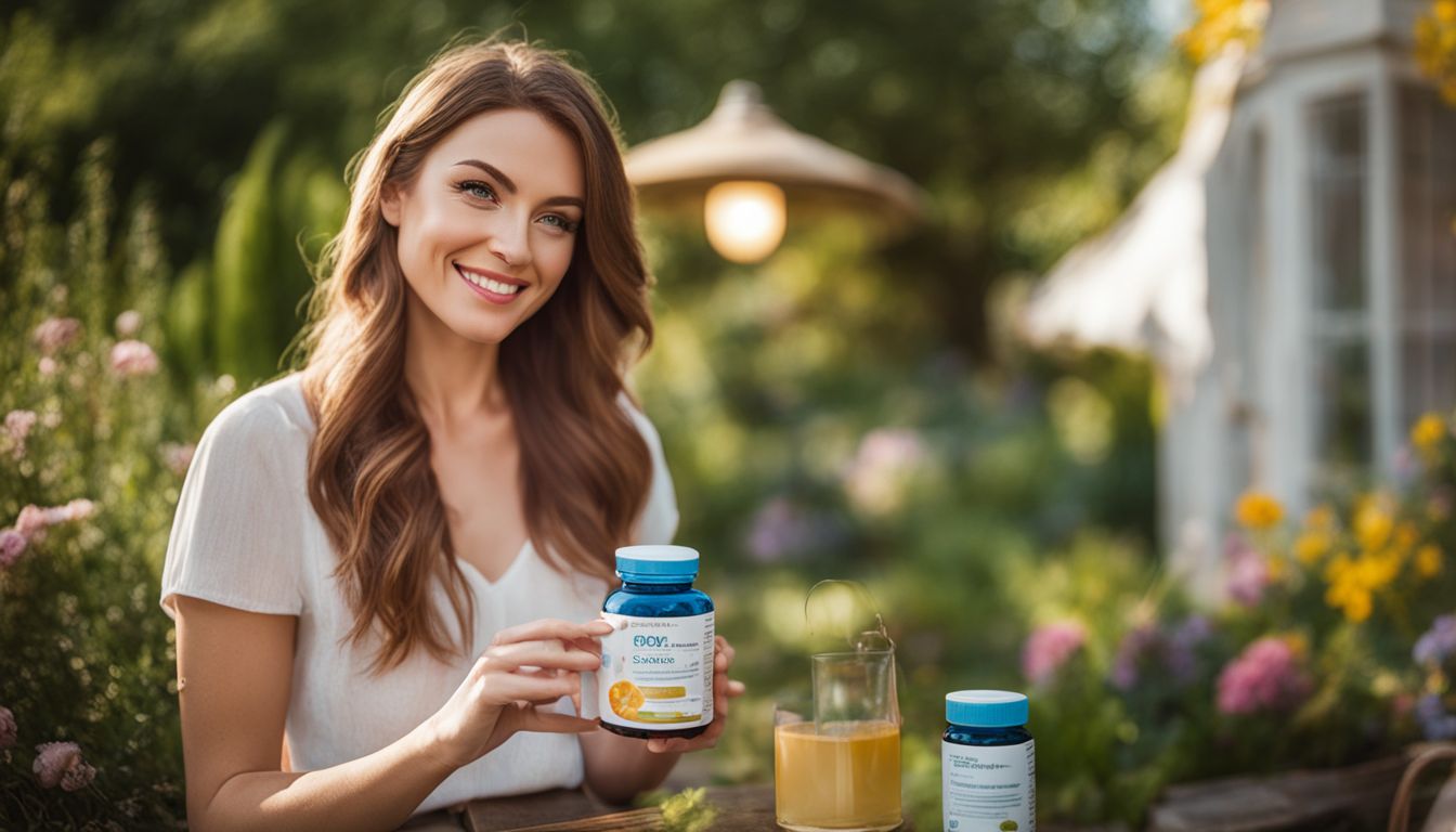 A woman holding a vitamin D supplement bottle in a garden.