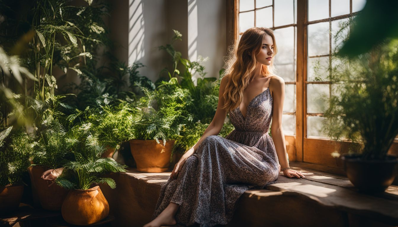 A Caucasian woman sitting by a window surrounded by plants.